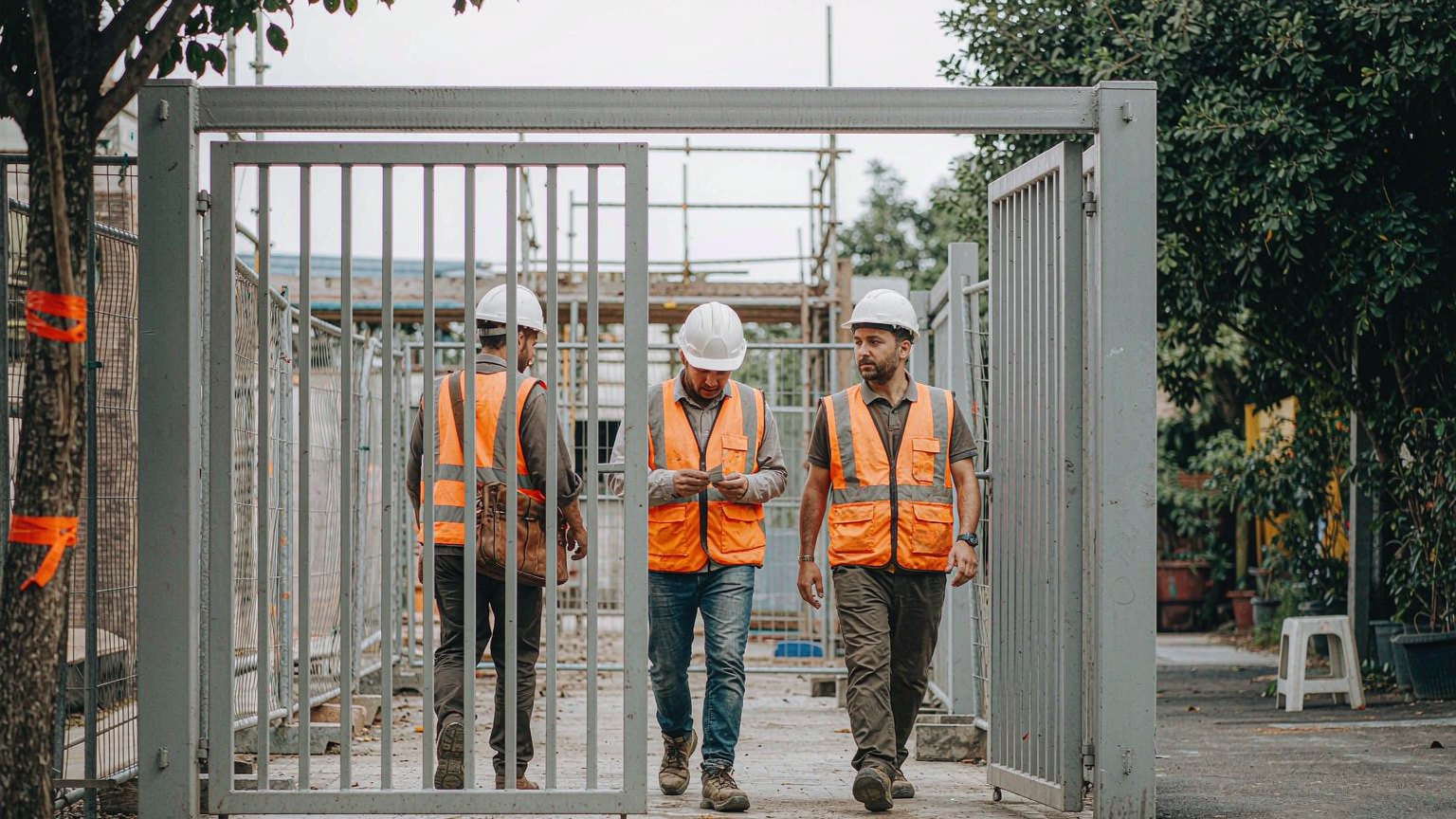Construction site gate with workers in hi-vis and hard hats